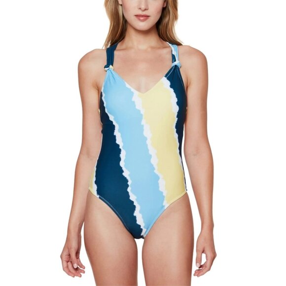 Jessica Simpson Smooth Sailing V-neck One-piece Swimsuit Blue Yellow S - Picture 1 of 5